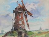 an oil painting of a windmill on a hill with a sky background