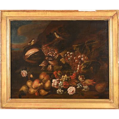 peinture d'une nature morte de fruits et de fleurs sur une table