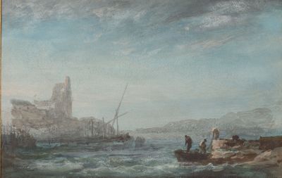 une peinture représentant des personnes sur un bateau dans l'eau