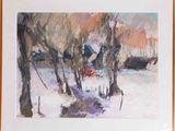 painting of a snowy landscape with trees and a barn in the distance