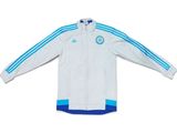a white jacket with blue stripes on the sleeves