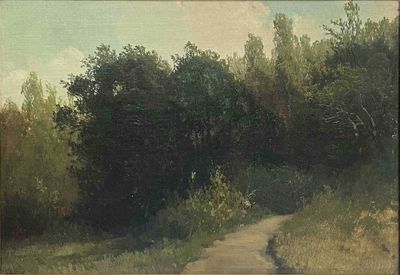 une peinture d'un chemin de terre avec des arbres en arrière-plan