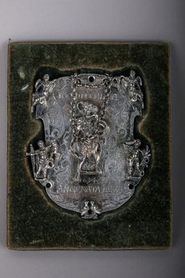 an image of a metal plaque with a coat of arms on it