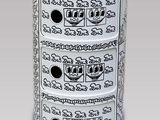 a white and black chest of drawers with a design on it
