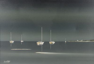 painting of a group of sailboats floating in the ocean under a dark sky