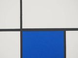 a painting of blue, red, and black squares on a white background