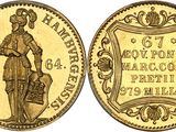an image of a gold coin with a woman holding a basket