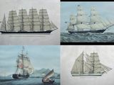 quatre vues différentes d'un navire en mer, entouré d'autres bateaux