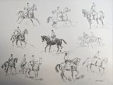a drawing of a bunch of people riding horses