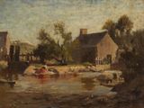 tableau représentant une scène fluviale avec un homme dans un canoë et une femme en robe rouge