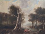 a painting of a man riding a horse in a wooded area