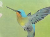 a painting of a bird that is flying next to a flower