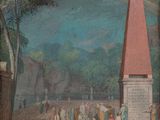 an image of a painting of a church with a rainbow in the sky