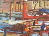 painting of boats docked in a harbor with mountains in the background