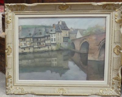 a picture of a painting of a bridge over a river