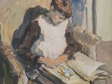 painting of a woman sitting in a chair reading a book