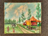 a painting of an elephant in a field next to a house