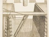 an old drawing of a building with a clock on top of it