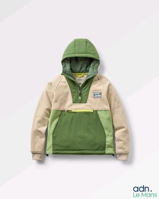 an image of a green and beige jacket with a hood