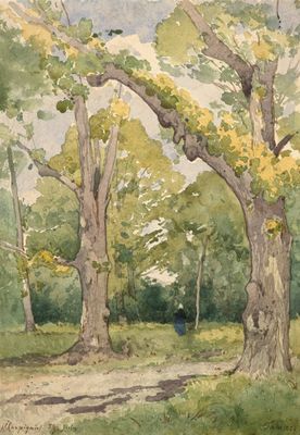 peinture représentant un chemin de terre dans une zone boisée, entouré d'arbres