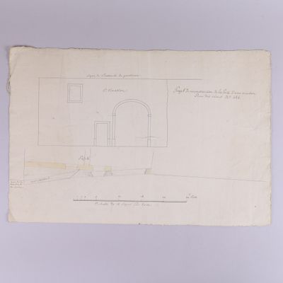 un vieux dessin représentant une pièce avec une porte et une fenêtre