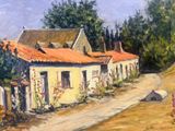 an oil painting of a house with a red roof on a dirt road