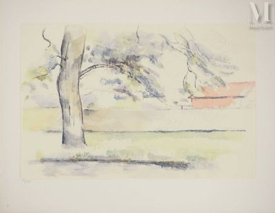 une photo d'un tableau représentant un arbre et un banc