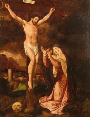 a painting of jesus on the cross with a woman kneeling next to him