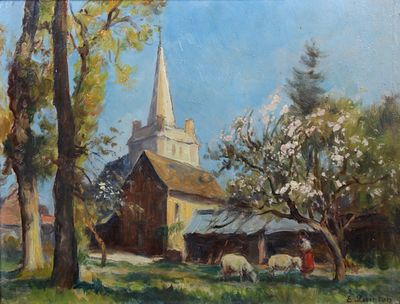 a painting of a church with a steeple in the background