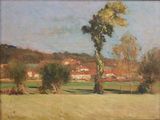 une image représentant une peinture d'un champ avec des arbres et des bâtiments en arrière-plan