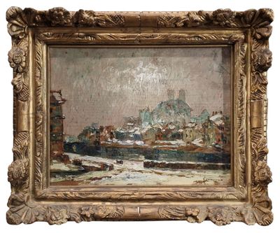 an oil painting of a snowy landscape with a castle in the background