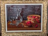 une peinture représentant une nature morte avec des fruits et un verre
