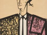 painting of a man in a pink jacket and black tie