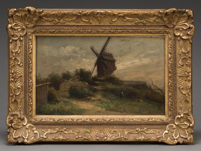 an oil painting of a windmill on a hill by a river