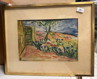tableau encadré représentant un paysage avec des fleurs et un arbre au premier plan