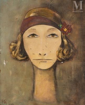 tableau représentant une femme portant un bandeau et une fleur dans les cheveux