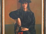 tableau représentant un homme coiffé d'un chapeau noir et vêtu d'un costume noir, assis sur une chaise