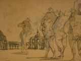 dessin d'un groupe de personnes devant un bâtiment