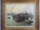 an oil painting of boats in the water near a dock