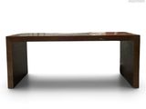 the table is made of wood and has a marble top