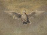 painting of a white dove flying in the sky with a branch in its beak