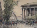 tableau représentant une scène de rue avec un bâtiment et un lampadaire