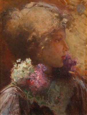 une image d'une peinture représentant une femme avec des fleurs dans les cheveux