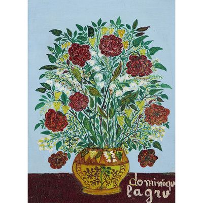a painting of flowers in a vase on a table