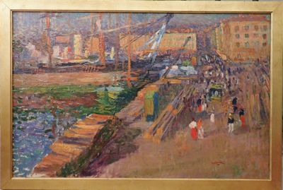 un tableau représentant des personnes marchant sur une jetée au bord d'un plan d'eau
