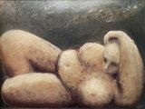 un tableau représentant une femme nue allongée avec un ours en peluche