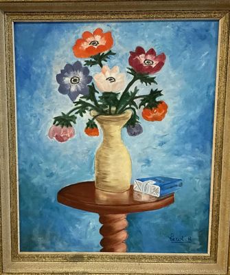 a painting of flowers in a vase on a table