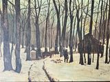 un tableau représentant un homme marchant dans une forêt enneigée