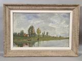 an image of a painting of a river with a house in the distance
