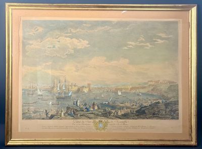 peinture d'une vue d'un port avec des bateaux dans l'eau